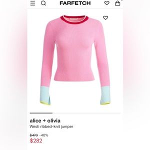 Alice and Olivia Pink crew neck sweater with Blue bell cuffs , Small